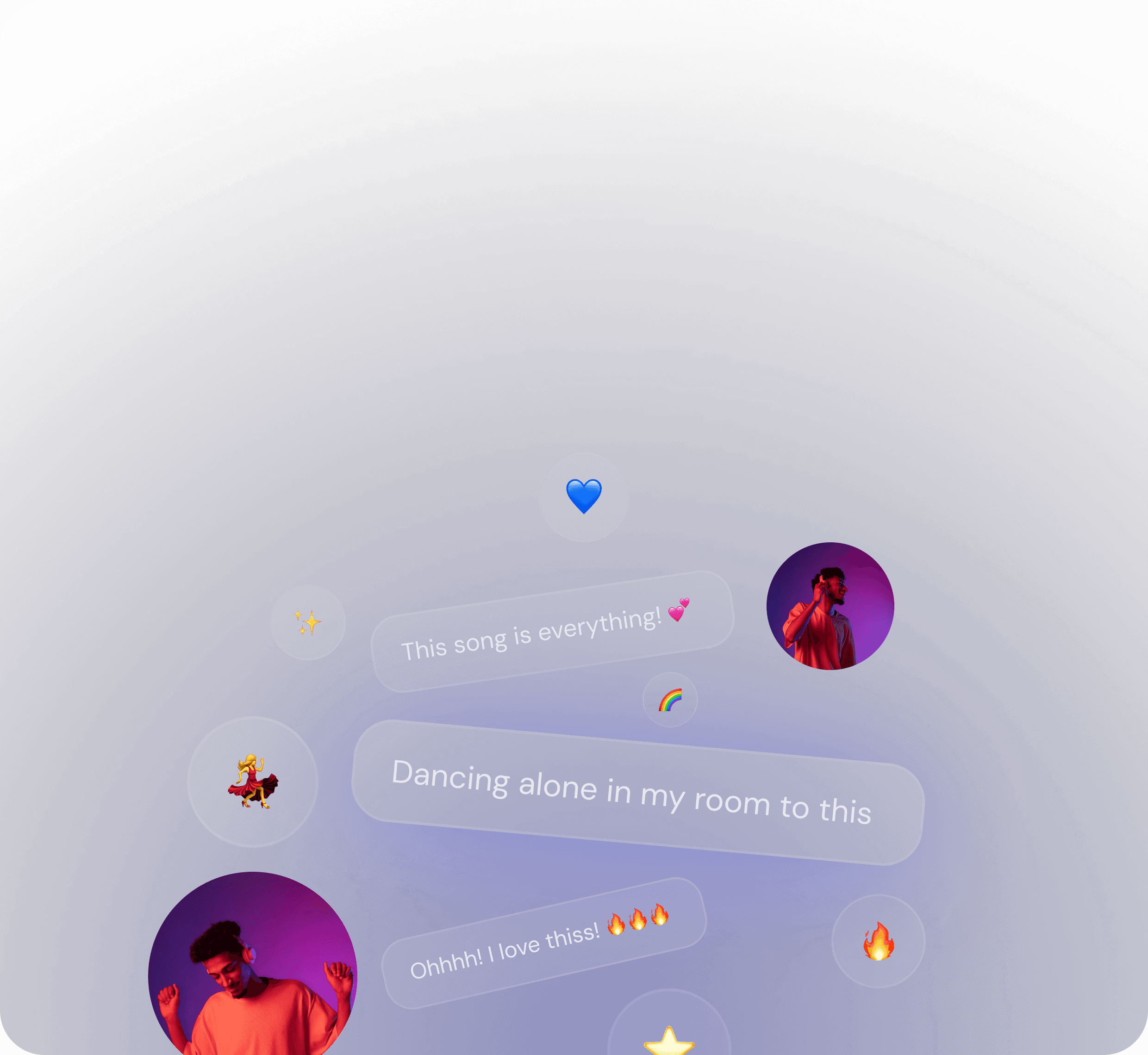 Chat bubbles and avatars showing communal listening experience